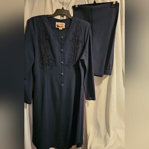 Dolce Navy Blue Embroidered Button-Up Dress and Pants Set